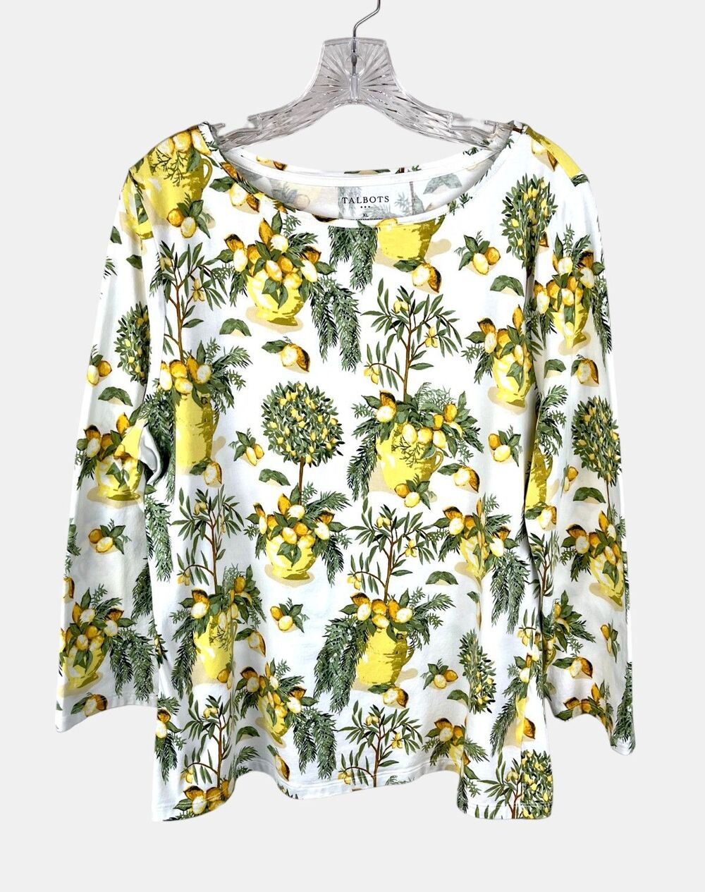 Talbots Lemon Tree Print Boat Neck Tee 3/4 Sleeve Cotton Coastal Amalfi XL